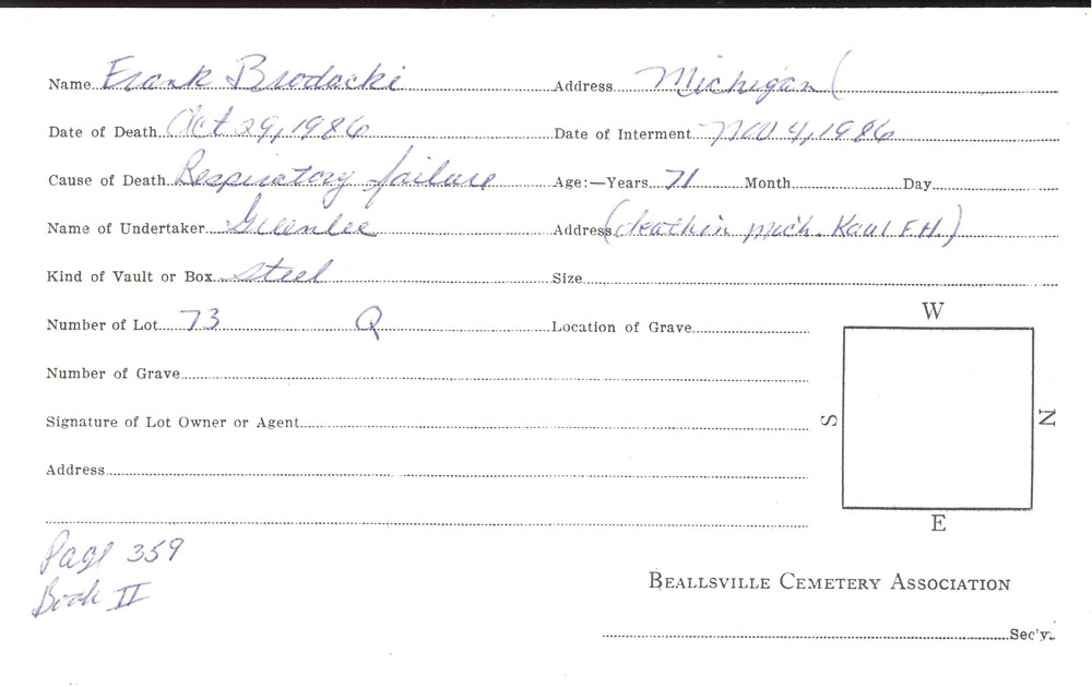 Frank Brodacki burial card